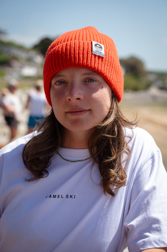 Fire Red Engineered Knit Rib Beanie